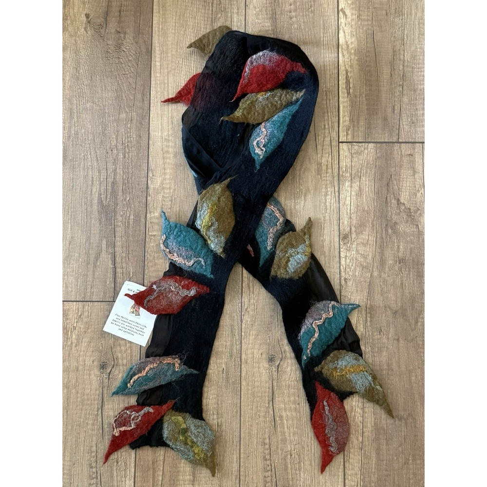 Hand Felted Merino Wool Silk Scarf 3D Leaves Wearable Art Black Artisan NWT
